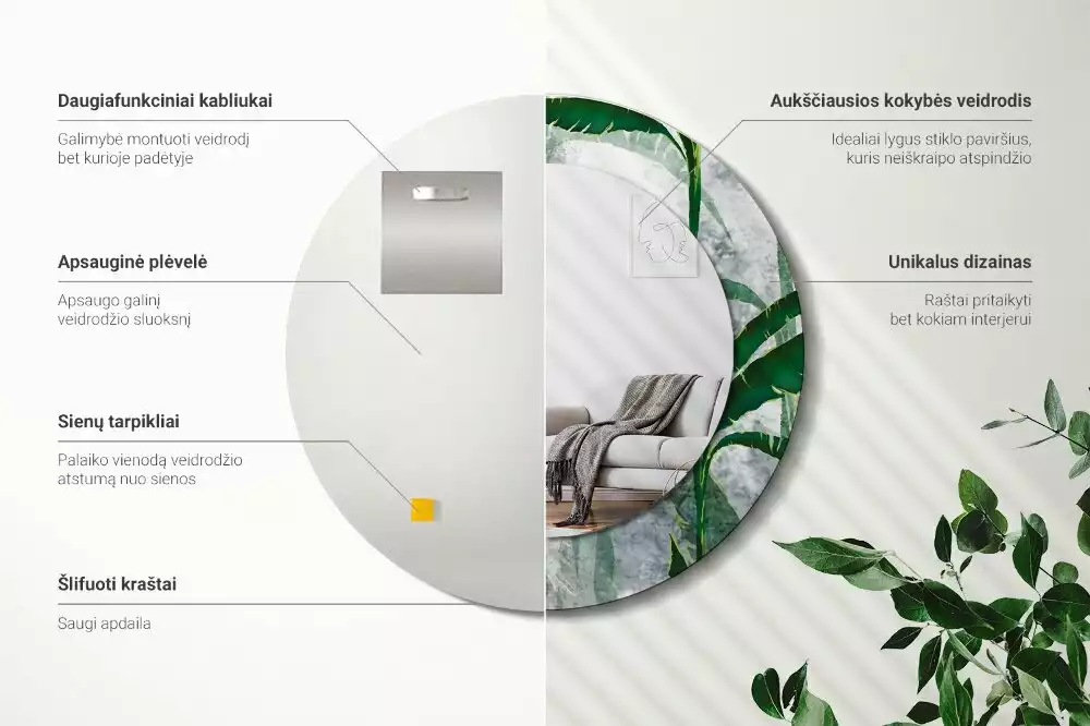 Miroir rond imprimé Feuilles tropicales