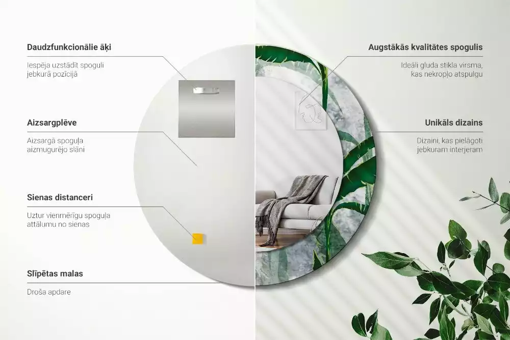 Miroir rond imprimé Feuilles tropicales