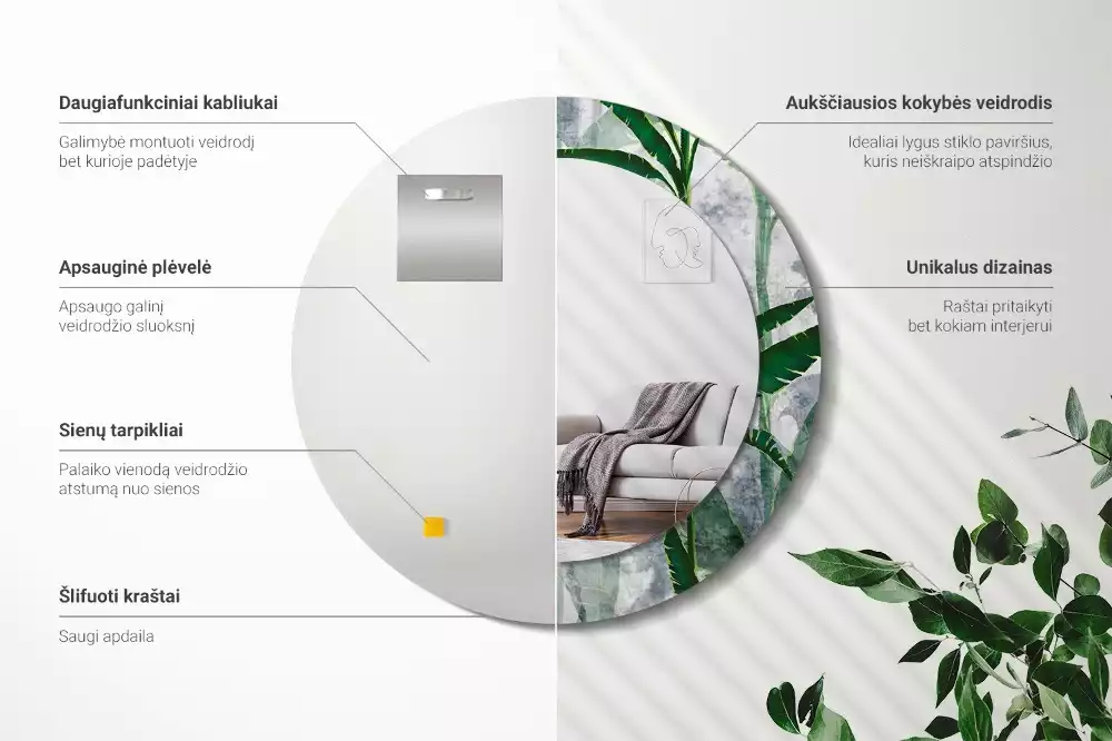 Miroir rond imprimé Feuilles tropicales