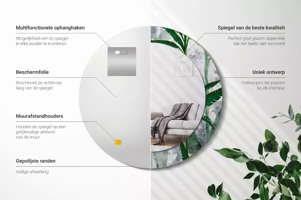 Miroir rond imprimé Feuilles tropicales