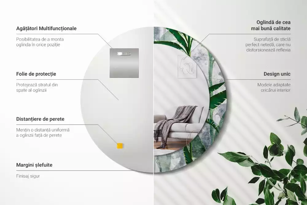 Miroir rond imprimé Feuilles tropicales