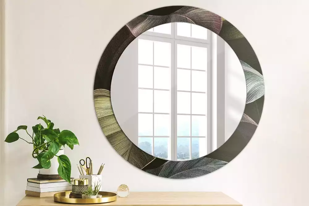 Miroir rond imprimé Feuilles tropicales sombres