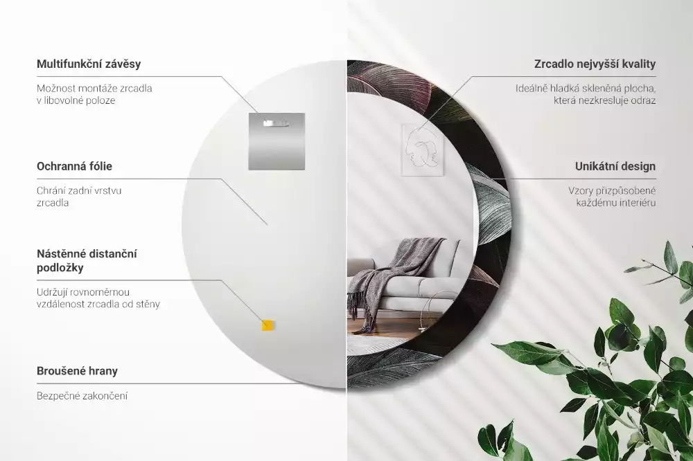 Miroir rond imprimé Feuilles tropicales sombres