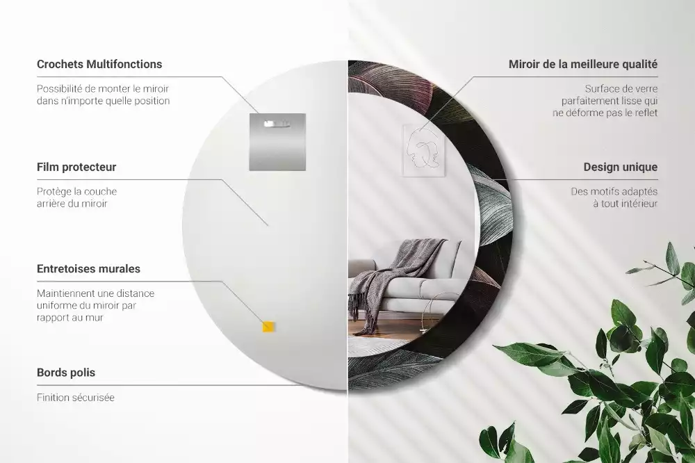 Miroir rond imprimé Feuilles tropicales sombres