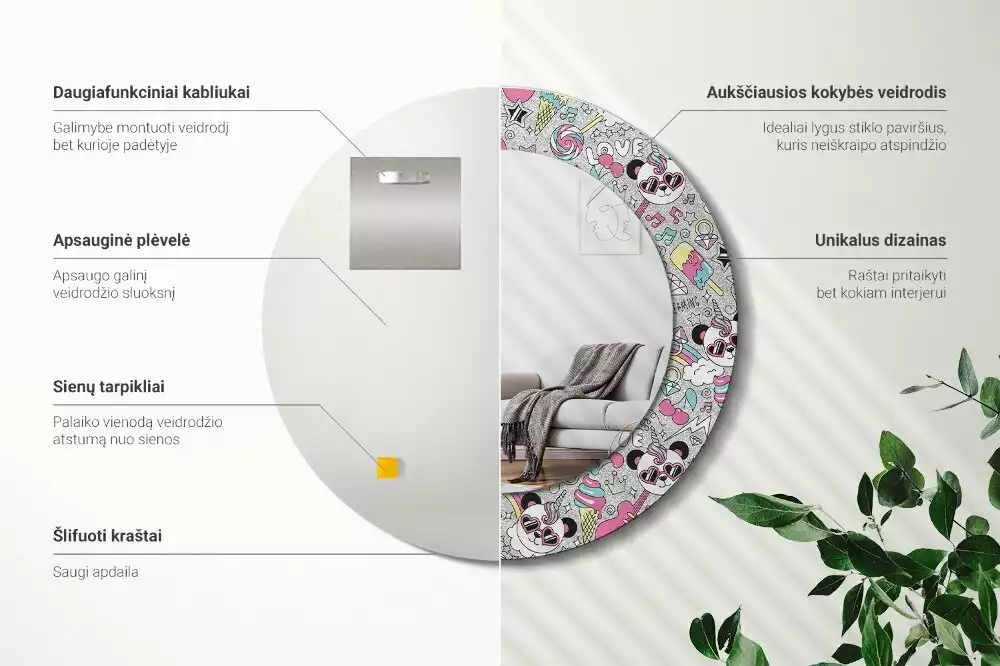 Miroir rond avec décoration Panda licorne