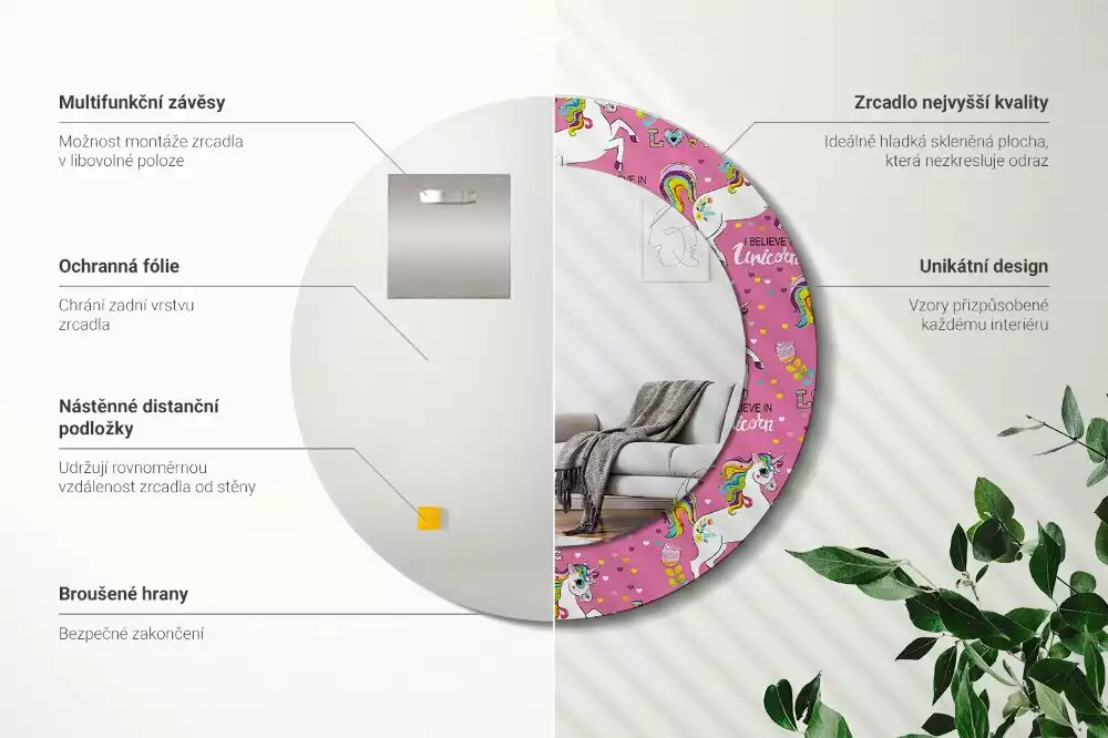 Miroir rond avec décoration Licorne magique