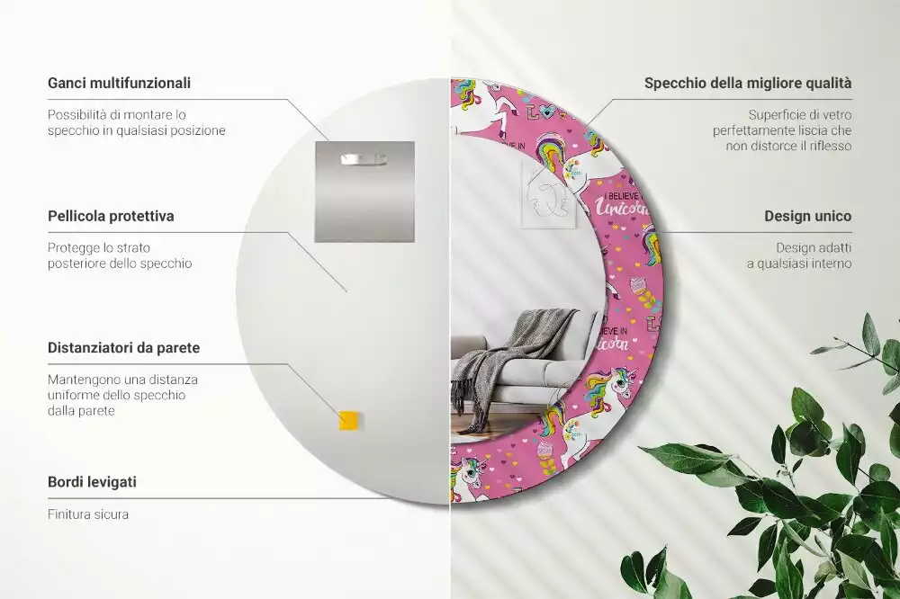 Miroir rond avec décoration Licorne magique