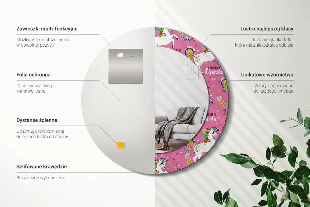 Miroir rond avec décoration Licorne magique