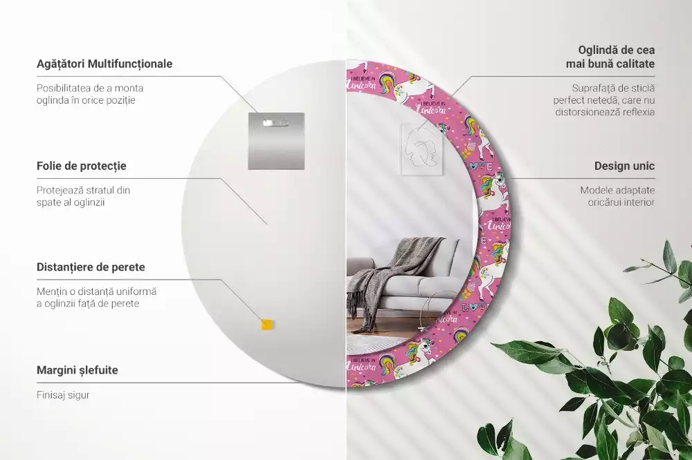 Miroir rond avec décoration Licorne magique