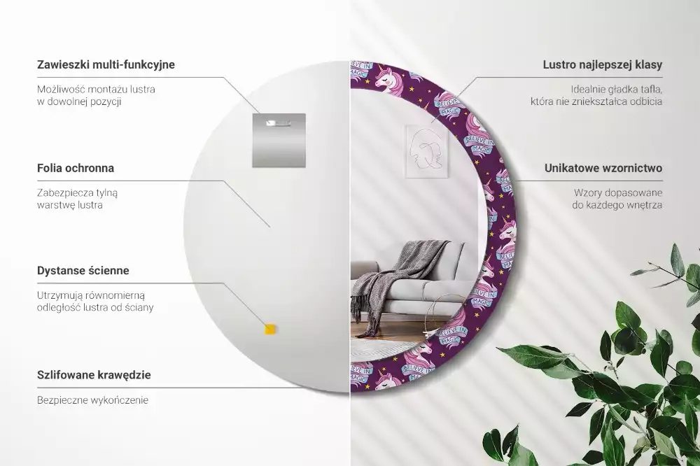 Miroir rond imprimé Licorne étoiles