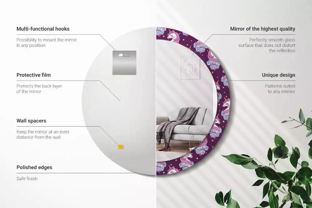 Miroir rond imprimé Licorne étoiles