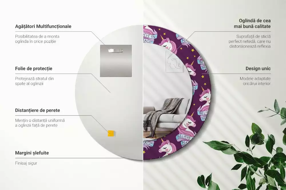 Miroir rond imprimé Licorne étoiles