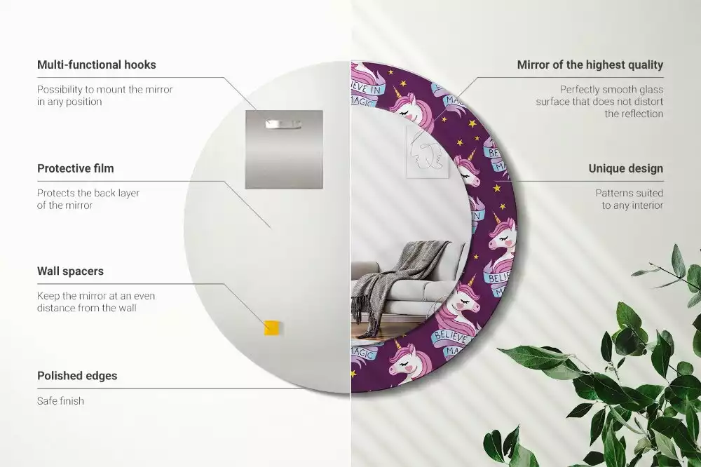 Miroir rond imprimé Licorne étoiles