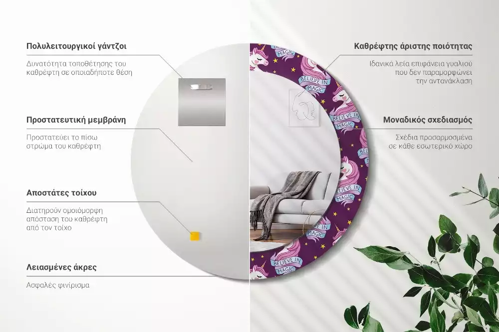 Miroir rond imprimé Licorne étoiles