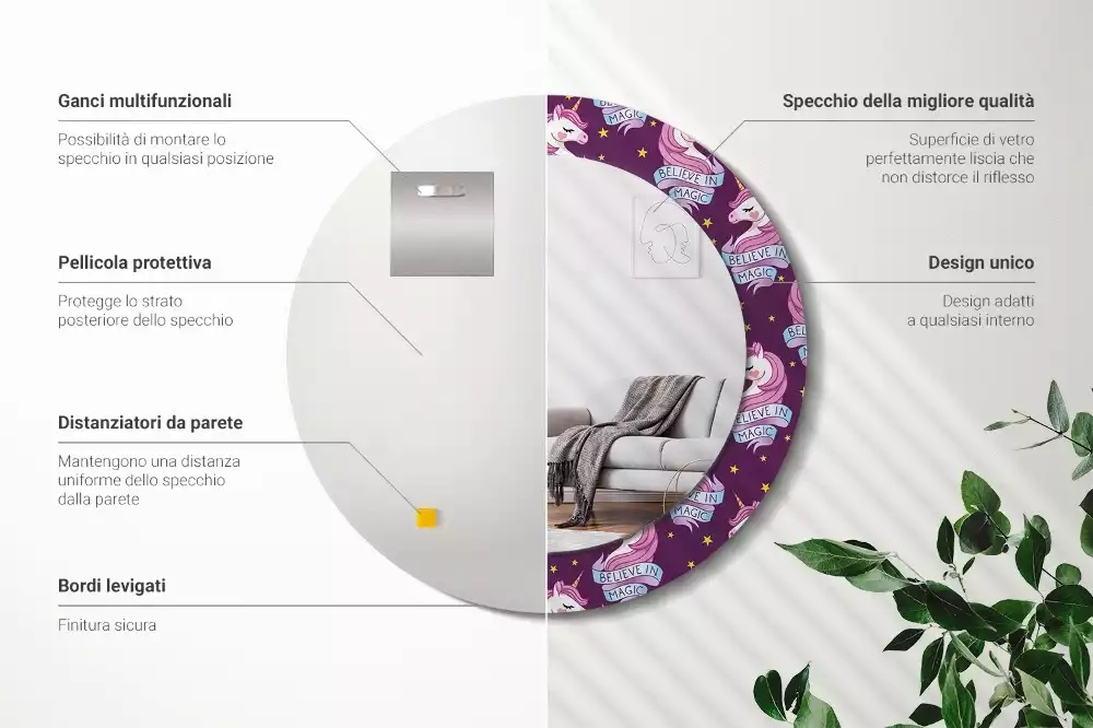 Miroir rond imprimé Licorne étoiles