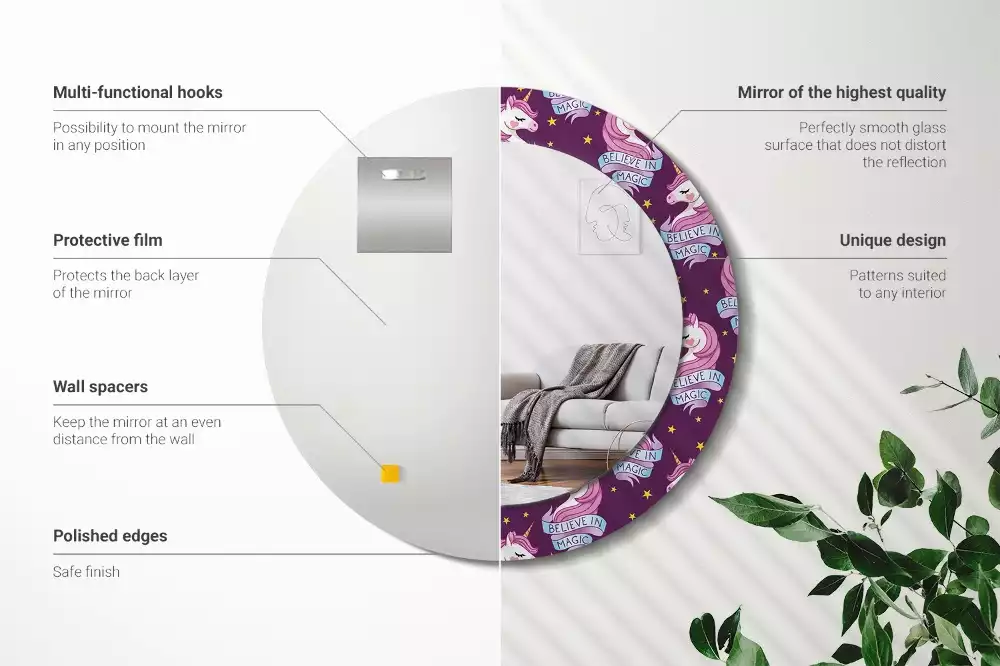 Miroir rond imprimé Licorne étoiles