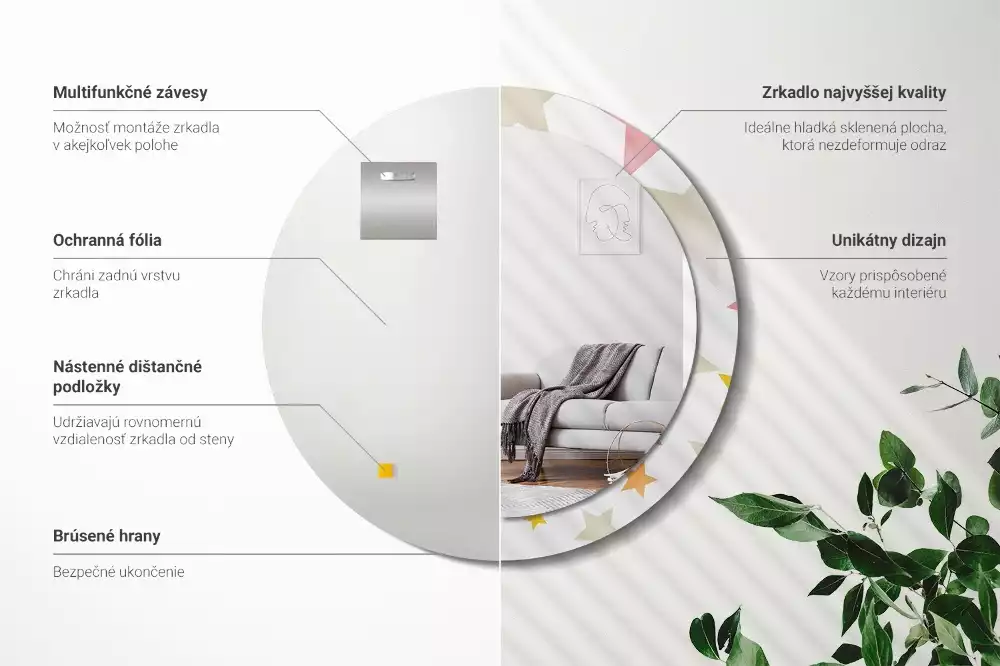 Miroir rond cadre avec impression Étoiles pastel