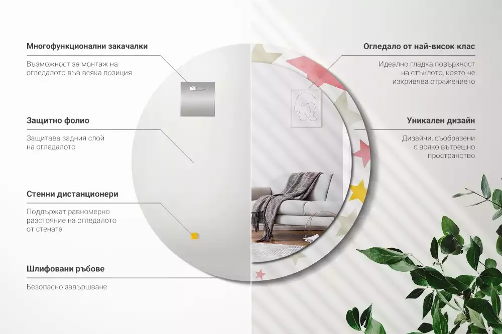 Miroir rond cadre avec impression Étoiles pastel