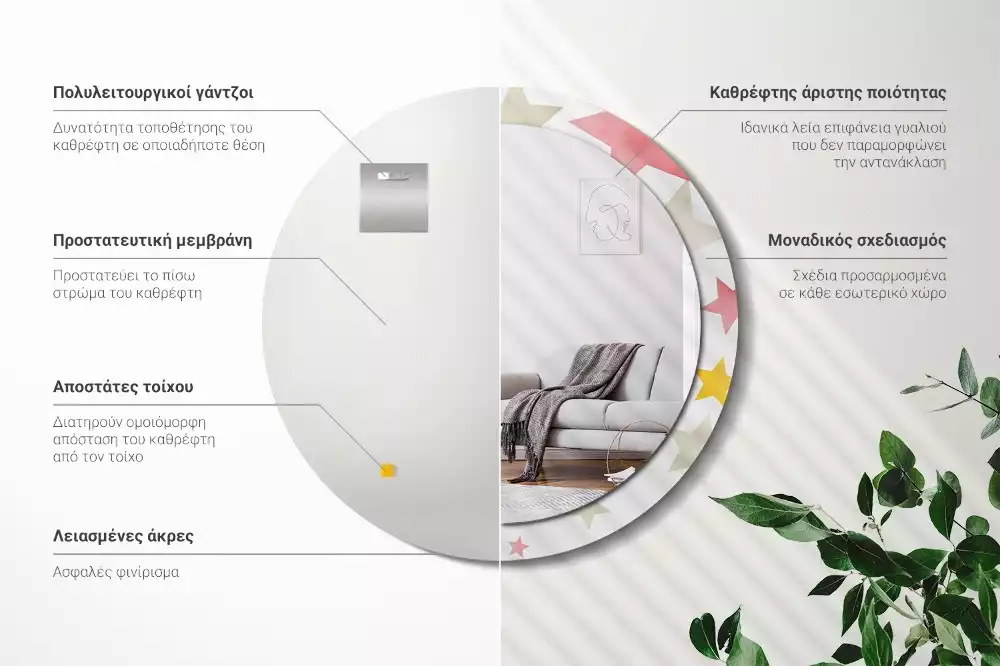 Miroir rond cadre avec impression Étoiles pastel