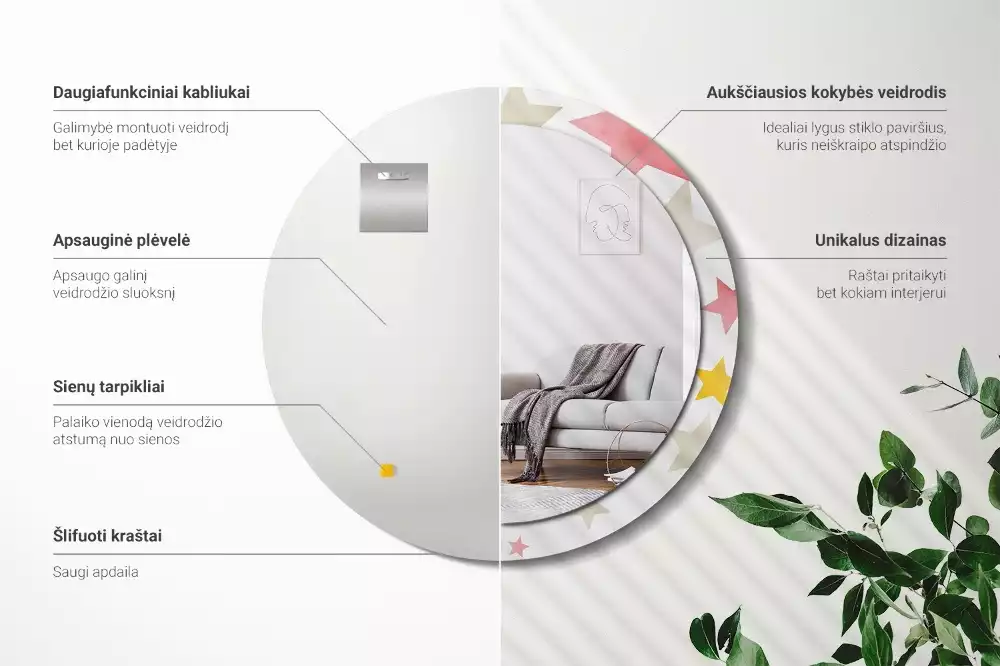 Miroir rond cadre avec impression Étoiles pastel