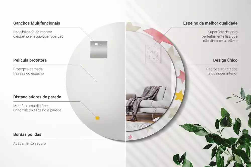 Miroir rond cadre avec impression Étoiles pastel