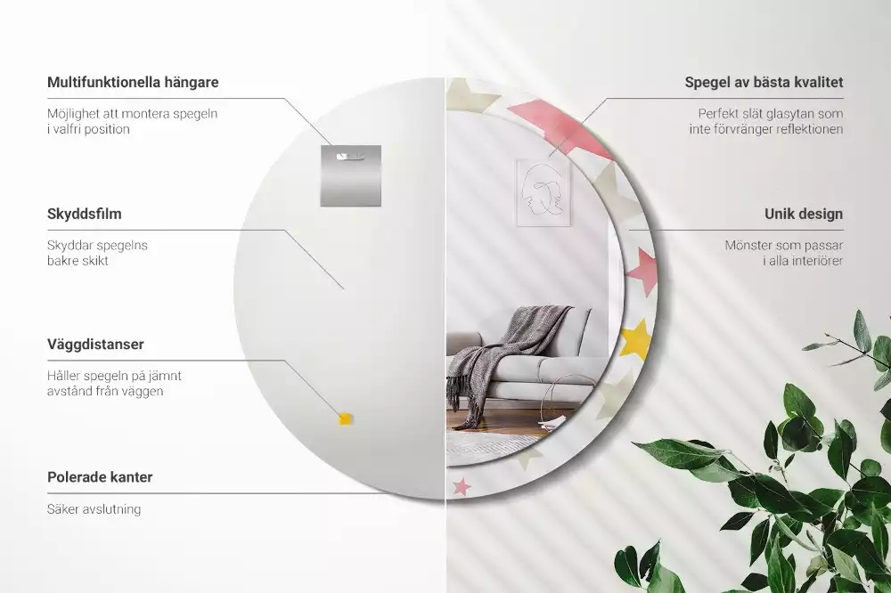 Miroir rond cadre avec impression Étoiles pastel