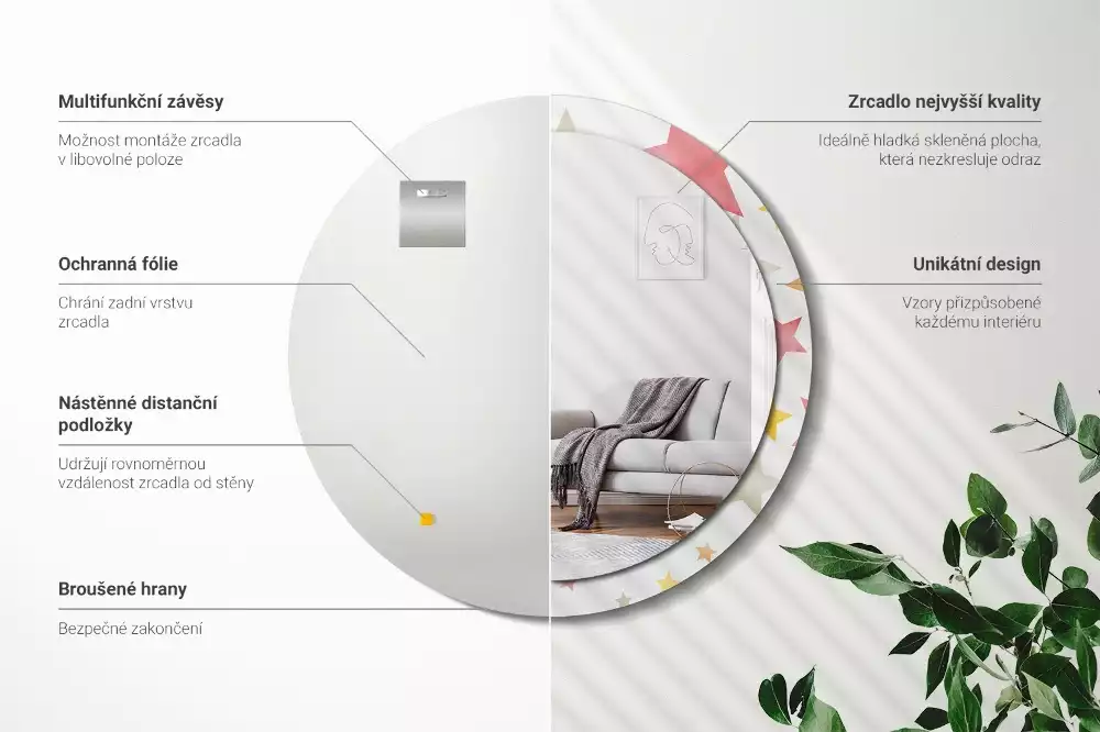 Miroir rond cadre avec impression Étoiles pastel