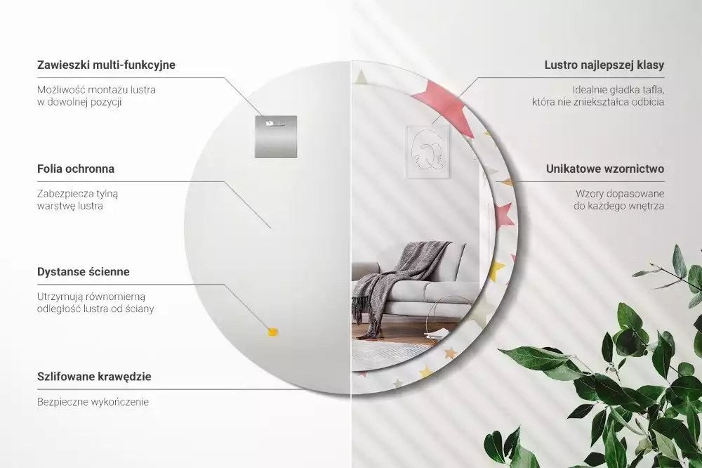 Miroir rond cadre avec impression Étoiles pastel