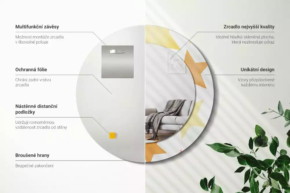 Miroir rond cadre avec impression Étoiles pastel