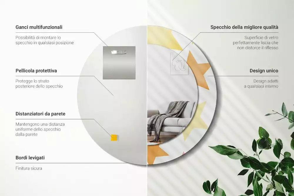 Miroir rond cadre avec impression Étoiles pastel