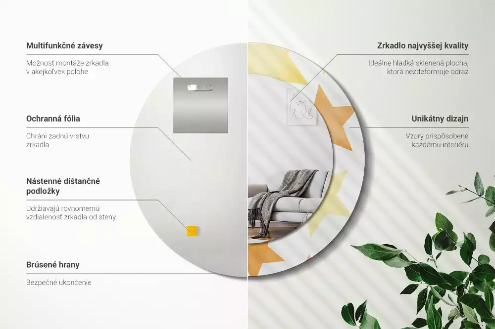 Miroir rond cadre avec impression Étoiles pastel