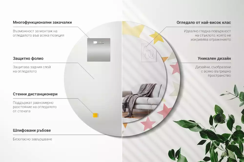 Miroir rond cadre avec impression Étoiles pastel