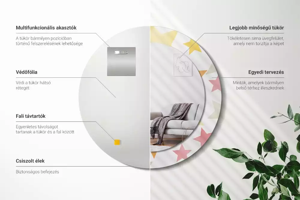 Miroir rond cadre avec impression Étoiles pastel