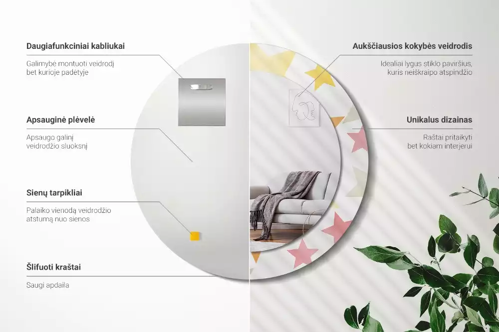 Miroir rond cadre avec impression Étoiles pastel