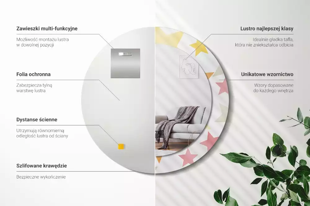 Miroir rond cadre avec impression Étoiles pastel