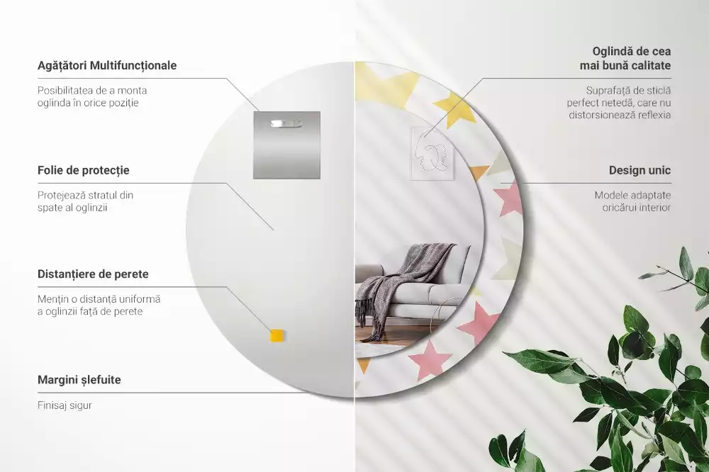 Miroir rond cadre avec impression Étoiles pastel