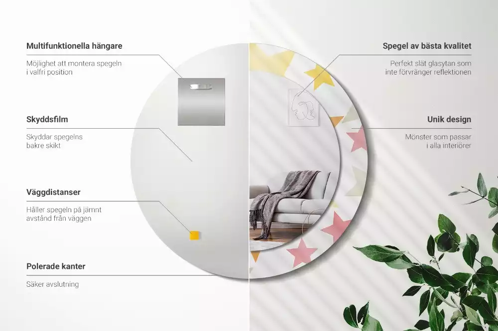 Miroir rond cadre avec impression Étoiles pastel