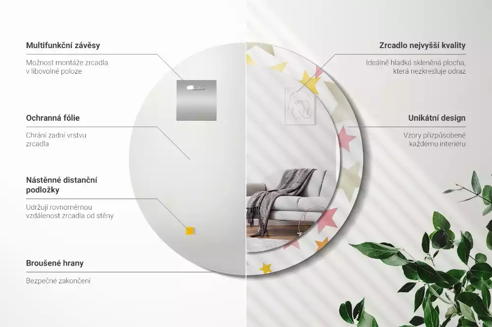 Miroir rond cadre avec impression Étoiles pastel