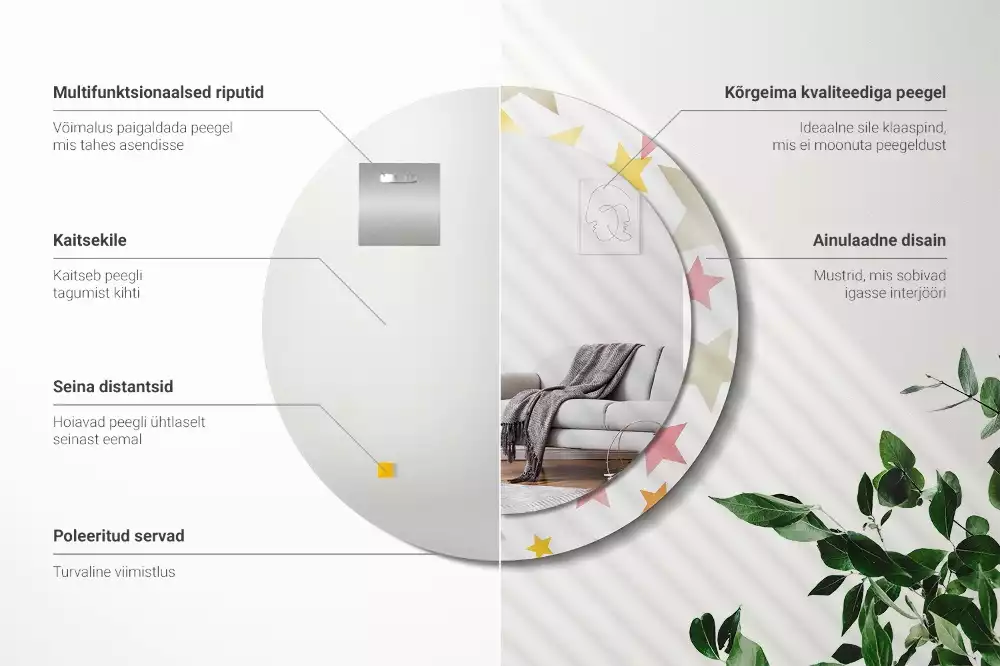 Miroir rond cadre avec impression Étoiles pastel