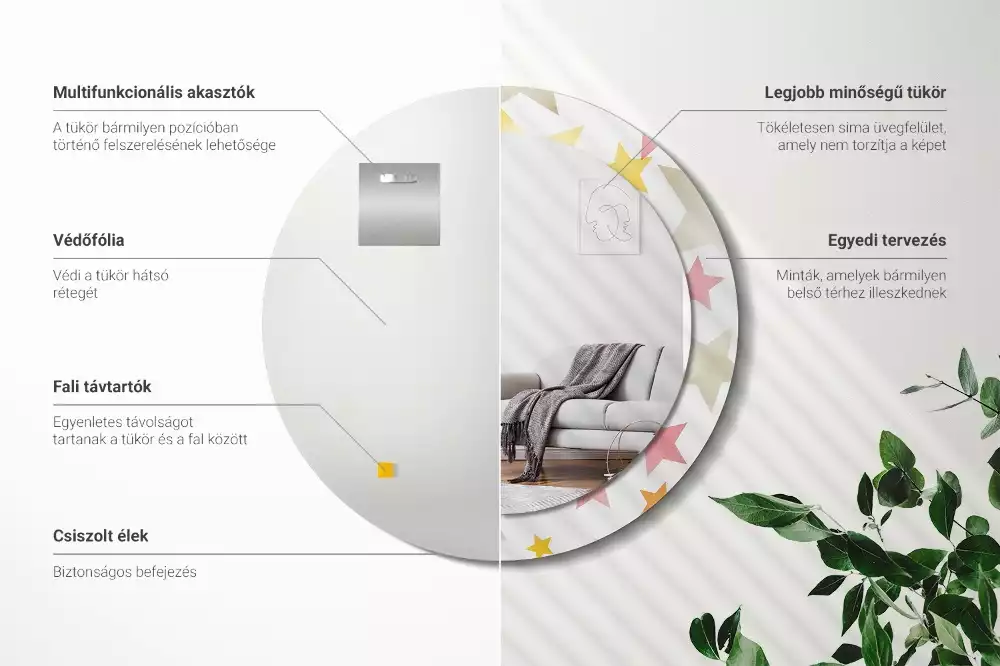 Miroir rond cadre avec impression Étoiles pastel