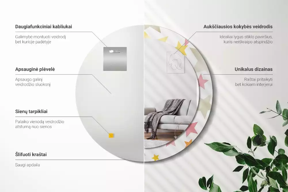 Miroir rond cadre avec impression Étoiles pastel