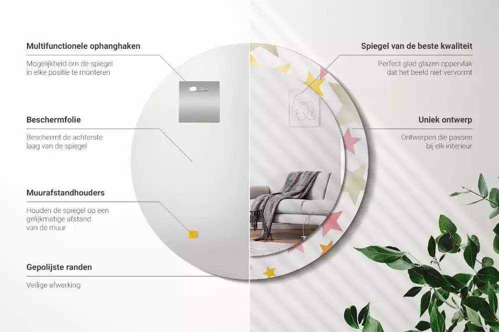 Miroir rond cadre avec impression Étoiles pastel