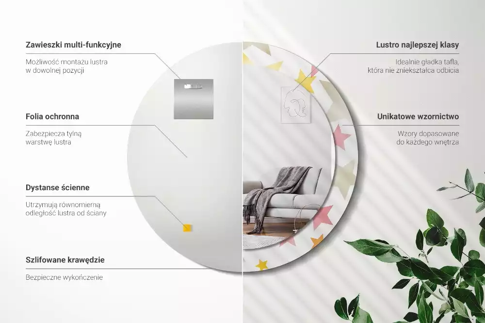 Miroir rond cadre avec impression Étoiles pastel