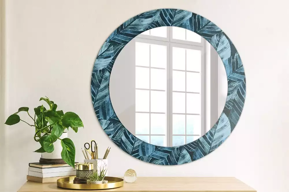 Miroir rond cadre avec impression Feuilles de jungle