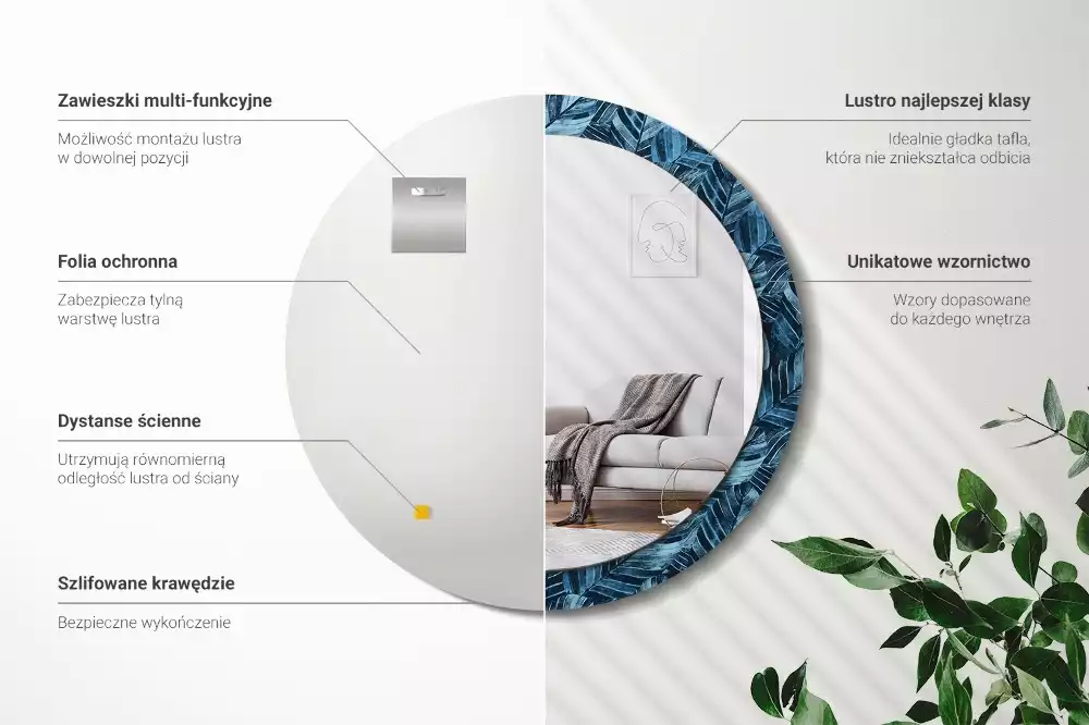 Miroir rond cadre avec impression Feuilles de jungle