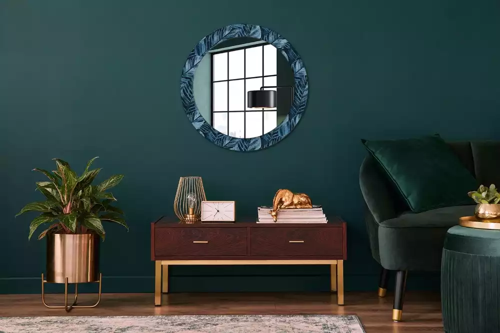 Miroir rond cadre avec impression Feuilles de jungle