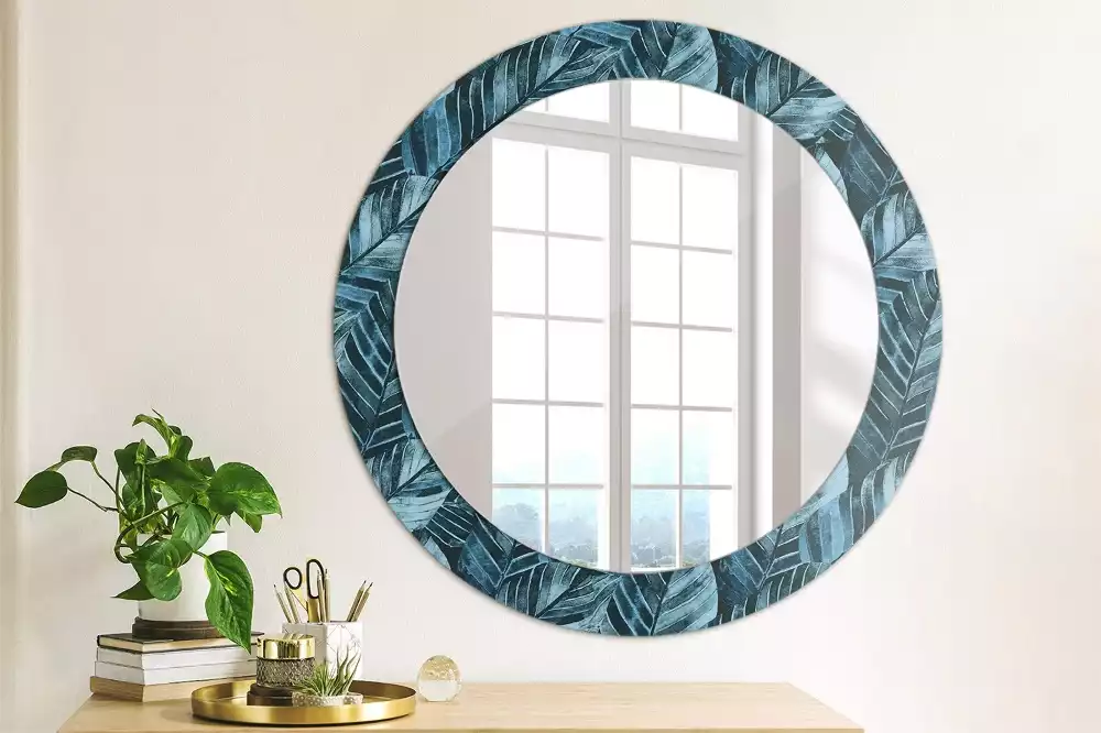 Miroir rond cadre avec impression Feuilles de jungle