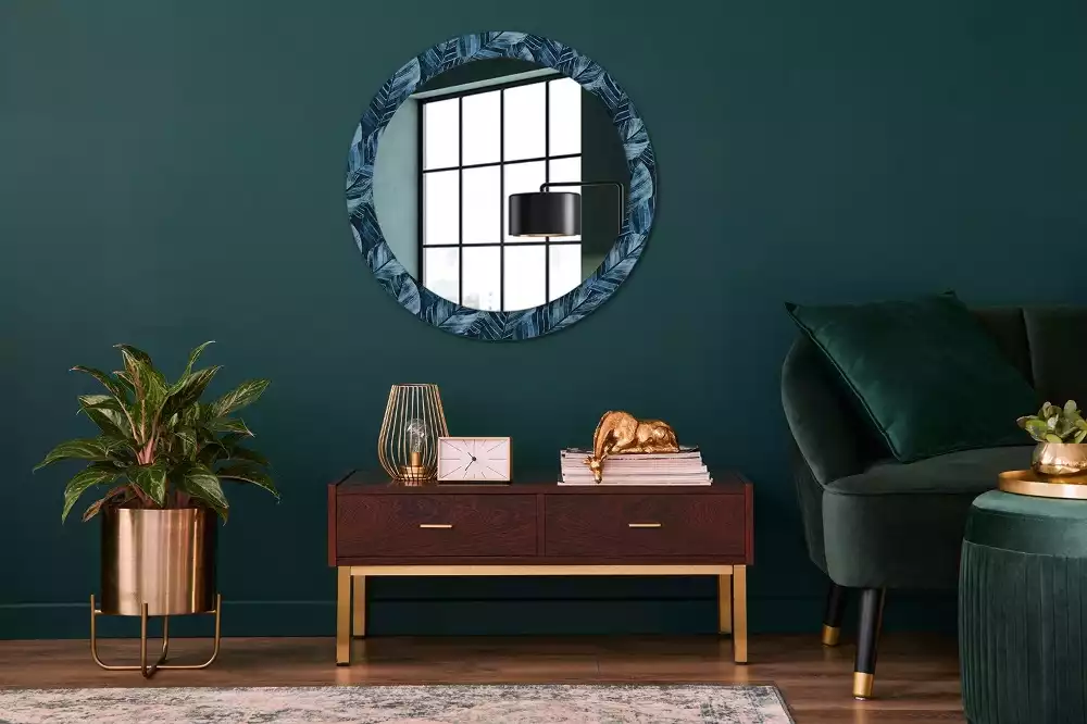 Miroir rond cadre avec impression Feuilles de jungle
