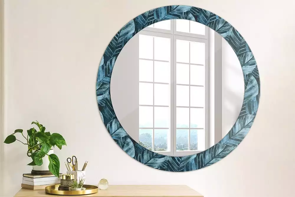 Miroir rond cadre avec impression Feuilles de jungle