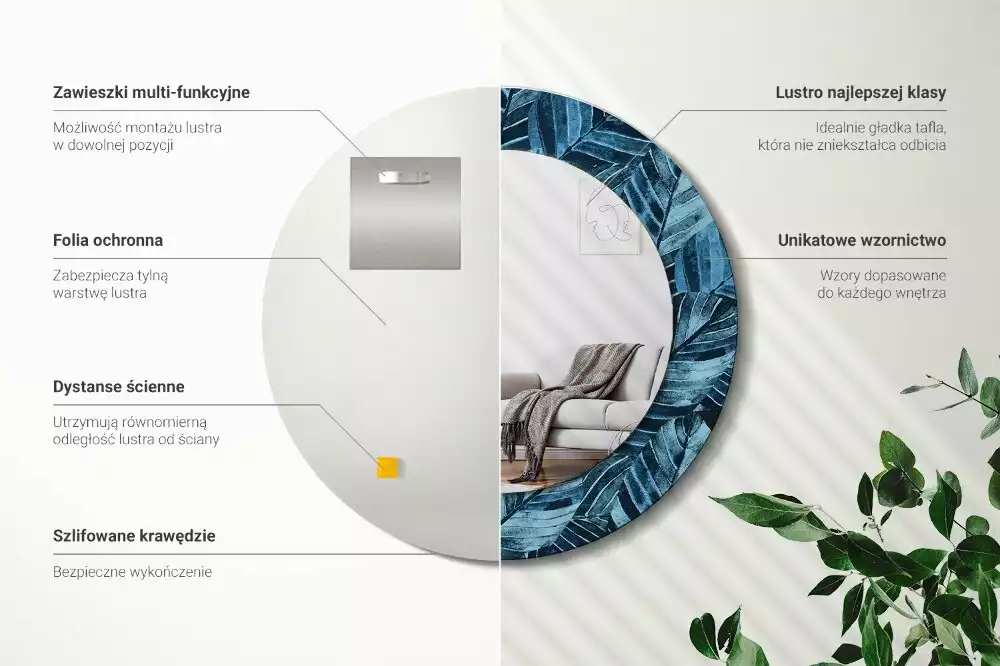 Miroir rond cadre avec impression Feuilles de jungle